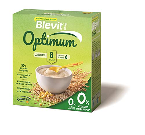 Blevit plus Optimum 8 Cereales, papilla infantil de cereales elaborada con trigo integral, avena, triticale, arroz, espelta integral, maíz, centeno y cebada. 1 unidad 400 grs. A partir de 6 meses