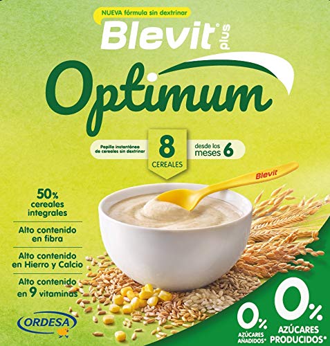 Blevit plus Optimum 8 Cereales, papilla infantil de cereales elaborada con trigo integral, avena, triticale, arroz, espelta integral, maíz, centeno y cebada. 1 unidad 400 grs. A partir de 6 meses