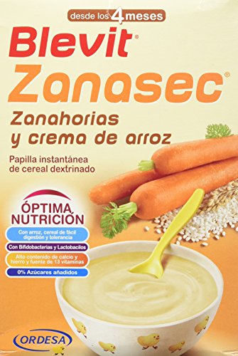Blevit Zanasec, 1 unidad 300 gr, dieta astringente. Papilla para bebés elaborada a partir de crema de arroz, zanahorias y bifidobacterias y lactobacilos.