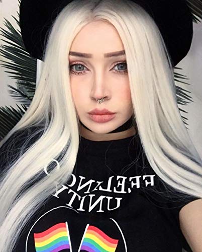 Blue Bird - Peluca de pelo sintético, largo y liso, de color rubio platino, con nacimiento del pelo en la parte delantera, sin necesidad de pegamento y resistente al calor, para uso diario, para mujer