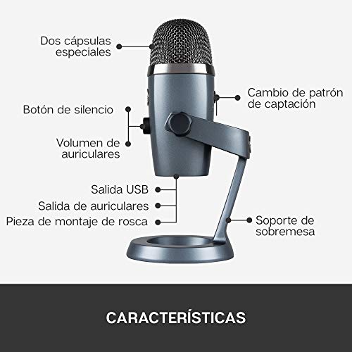 Blue Microphones Yeti Nano Micrófono USB de condensador profesional con múltiples patrones de captación y monitoreo, sin latencia, para grabación y transmisión en PC y Mac, color Gris