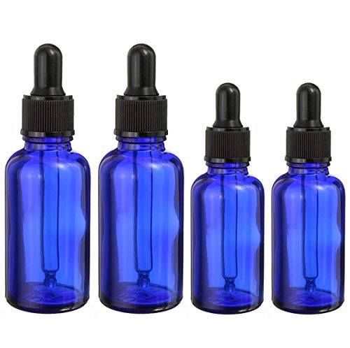 BlueXP 4 Pieza Azul Ámbar Botellas 10ml 20ml Marrón Frasco de Vidrio Ámbar con Cristal y Goma Pipeta para Aromaterapia Aceite Esencial y Perfume Medicina Líquidos Etc