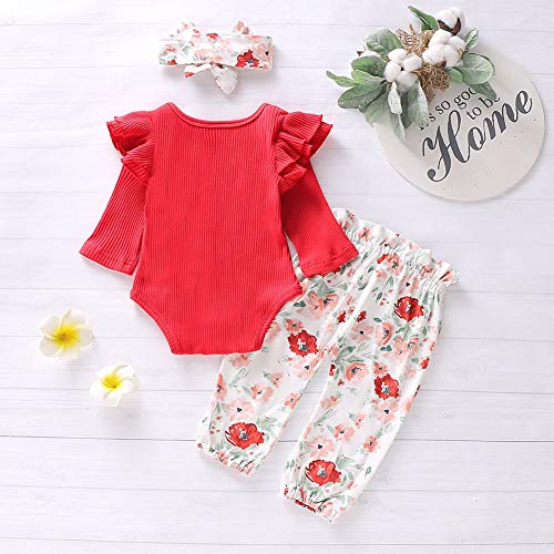 BOBORA Ropa Bebe Niña, 3PCs Conjuntos Mameluco de Punto de Manga Larga + Pantalones de Flores + Diadema para 0-18Meses