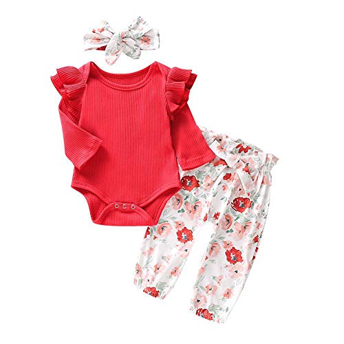 BOBORA Ropa Bebe Niña, 3PCs Conjuntos Mameluco de Punto de Manga Larga + Pantalones de Flores + Diadema para 0-18Meses