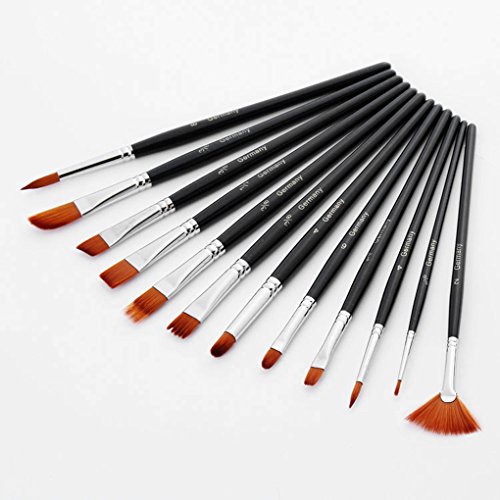Bobury 12pcs Juego de pincel de pintura de pelo corto de nylon de la manija para la pintura al óleo de acrílico de la acuarela