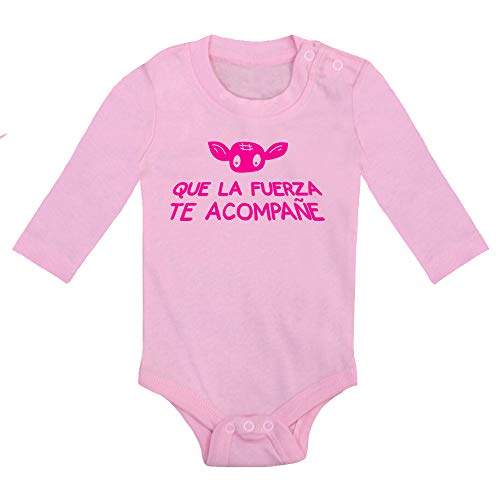 Body bebé Star Wars, Yoda. Que la Fuerza te acompañe. Fant Art Parodia. Bebé Friki. Manga Larga. (Rosa, 3 Meses)