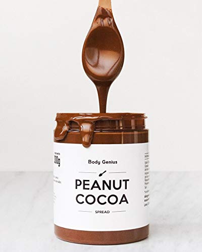 BODY GENIUS Peanut Cocoa. Crema de cacahuete y cacao. 300g. Alta en Proteína, Natural, Sin Azúcar Añadido, Sin Aceite de Palma, Edulcorada con Stevia. Hecho en España.