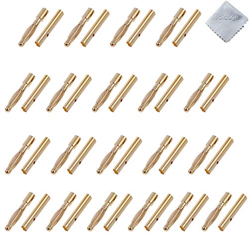 Boladge 20 Pares Conector Banana de Bala Macho Hembra 2mm 2.0mm Chapado en Oro para Motor ESC Batería Lipo