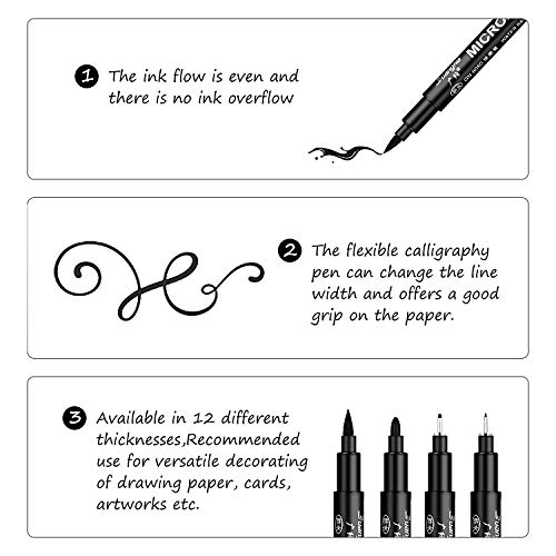 Bolígrafos Tinta De Caligrafía, Emooqi 12 Rotuladores De Pincel Negros, Rotuladores Profesionales Pen For Dibujo Técnico, Dibujo De Artista, Documentos De Oficina, Manga, Rotuladores Punta Fina