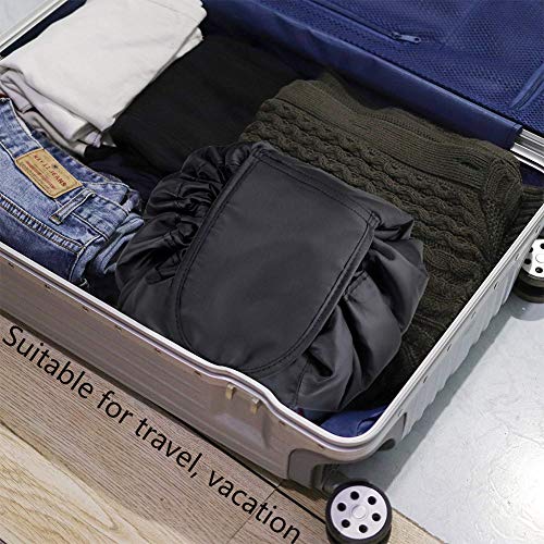 Bolsa de Cosméticos,BETOY Bolsa de Maquillaje Perezoso Bolsa de Maquillaje Negro Organizador de Un Solo Paso Bolso de Lazo Perezoso Gran Capacidad Adecuado para Viajes, Vacaciones