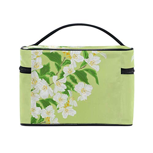 Bolsa de maquillaje, bolsa de almacenamiento de cosméticos con estampado floral de jazmín con asa de viaje grande y bolsa personalizada con compartimentos para adolescentes y mujeres