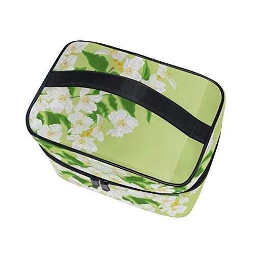 Bolsa de maquillaje, bolsa de almacenamiento de cosméticos con estampado floral de jazmín con asa de viaje grande y bolsa personalizada con compartimentos para adolescentes y mujeres