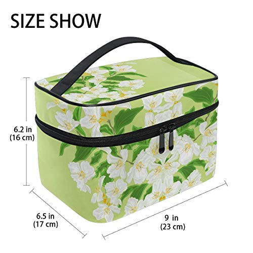 Bolsa de maquillaje, bolsa de almacenamiento de cosméticos con estampado floral de jazmín con asa de viaje grande y bolsa personalizada con compartimentos para adolescentes y mujeres