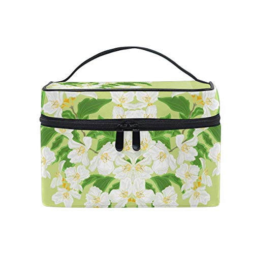 Bolsa de maquillaje, bolsa de almacenamiento de cosméticos con estampado floral de jazmín con asa de viaje grande y bolsa personalizada con compartimentos para adolescentes y mujeres