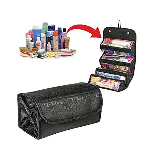 Bolsa de maquillaje tipo roller, bolsa de cosméticos portátil de viaje, multifunción, bolsa de aseo, organizador negro negro