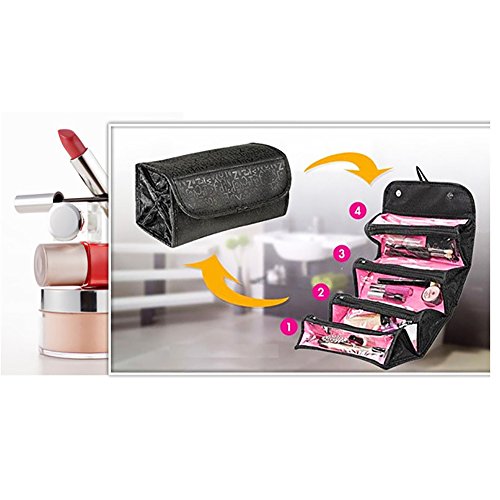 Bolsa de maquillaje tipo roller, bolsa de cosméticos portátil de viaje, multifunción, bolsa de aseo, organizador negro negro