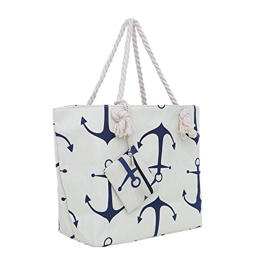 Bolsa de Playa Grande con Cremallera 58 x 38 x 18 cm diseño marítimo Ancla Beis Azul Shopper Bolsa de Hombro Estilo de yate (Yacht Style)
