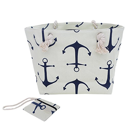 Bolsa de Playa Grande con Cremallera 58 x 38 x 18 cm diseño marítimo Ancla Beis Azul Shopper Bolsa de Hombro Estilo de yate (Yacht Style)