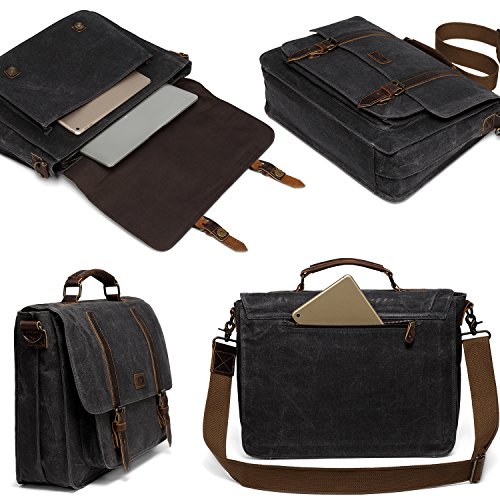 Bolsa Hombre Bandolera, Kasgo Impermeable Trabajo Maletín 15.6 Pulgadas Bolsa para Portátil Clásico Lienzo Encerado Piel Genuina Negocio Bolso Mensajero con Correa Extraíble(Oscuro Gris)