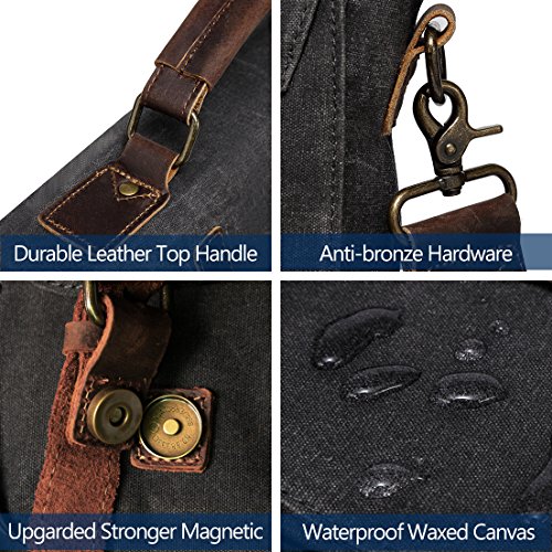 Bolsa Hombre Bandolera, Kasgo Impermeable Trabajo Maletín 15.6 Pulgadas Bolsa para Portátil Clásico Lienzo Encerado Piel Genuina Negocio Bolso Mensajero con Correa Extraíble(Oscuro Gris)