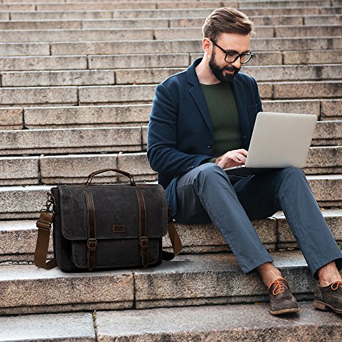 Bolsa Hombre Bandolera, Kasgo Impermeable Trabajo Maletín 15.6 Pulgadas Bolsa para Portátil Clásico Lienzo Encerado Piel Genuina Negocio Bolso Mensajero con Correa Extraíble(Oscuro Gris)