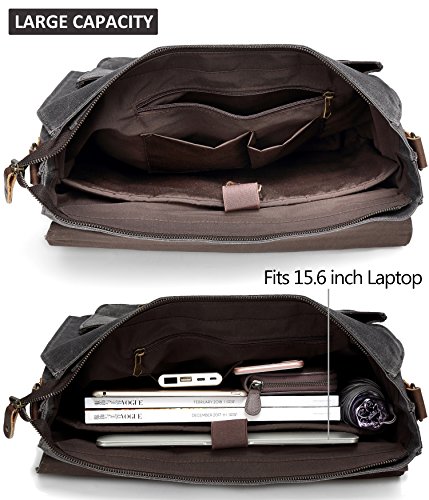 Bolsa Hombre Bandolera, Kasgo Impermeable Trabajo Maletín 15.6 Pulgadas Bolsa para Portátil Clásico Lienzo Encerado Piel Genuina Negocio Bolso Mensajero con Correa Extraíble(Oscuro Gris)