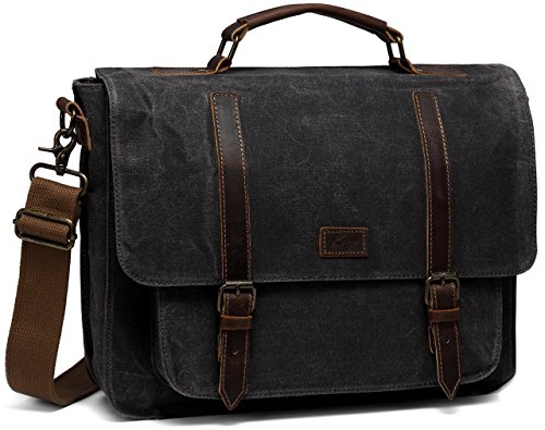 Bolsa Hombre Bandolera, Kasgo Impermeable Trabajo Maletín 15.6 Pulgadas Bolsa para Portátil Clásico Lienzo Encerado Piel Genuina Negocio Bolso Mensajero con Correa Extraíble(Oscuro Gris)
