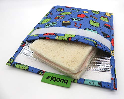 Bolsa merienda Infantil 19x19 cm - Porta Bocadillos y Sandwich - Envoltorio térmico Tela y Aluminio, ecológico, Reutilizable, sin BPA (Dinosaurios y Monstruos)