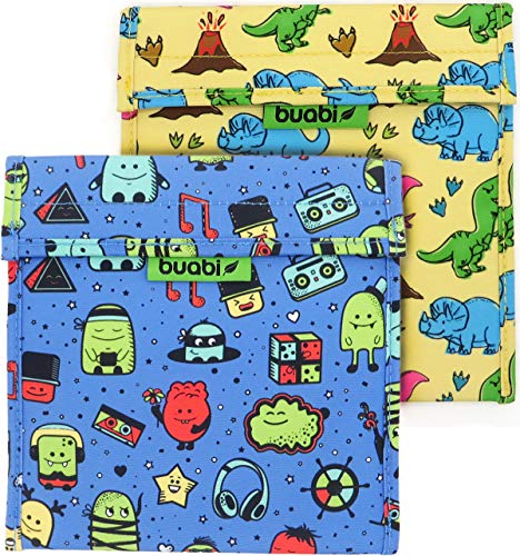 Bolsa merienda Infantil 19x19 cm - Porta Bocadillos y Sandwich - Envoltorio térmico Tela y Aluminio, ecológico, Reutilizable, sin BPA (Dinosaurios y Monstruos)