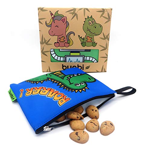 Bolsa merienda Infantil - Porta Bocadillos y Sandwich - Envoltorio Térmico de Tela, ecológico, Reutilizable, sin BPA (Dinosaurio y Robot)