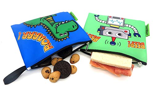 Bolsa merienda Infantil - Porta Bocadillos y Sandwich - Envoltorio Térmico de Tela, ecológico, Reutilizable, sin BPA (Dinosaurio y Robot)