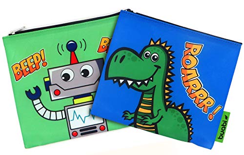 Bolsa merienda Infantil - Porta Bocadillos y Sandwich - Envoltorio Térmico de Tela, ecológico, Reutilizable, sin BPA (Dinosaurio y Robot)