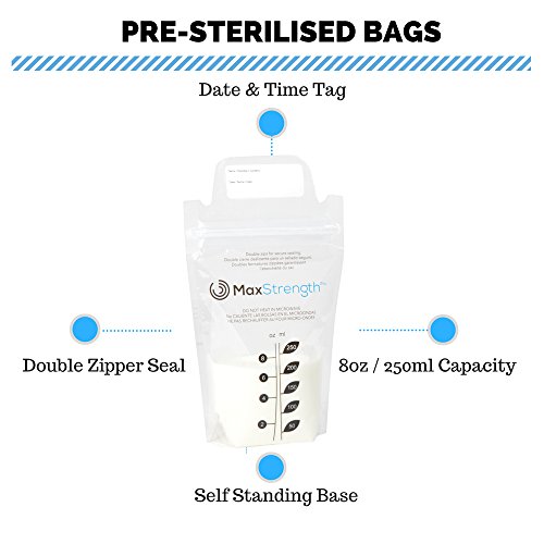 Bolsas de almacenamiento de leche materna de 120 piezas, bolsas de ahorro de leche materna preesterilizadas de 8 onzas / 250 ml, diseño de prueba de fugas extra grueso, sin BPA, sello de cremallera