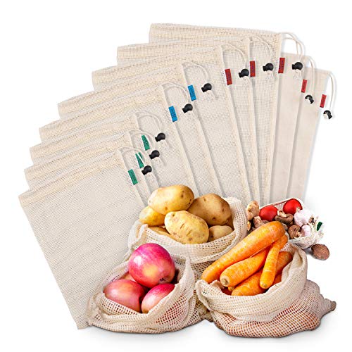 Bolsas de Malla Reutilizables Kupton, Bolsas de Algodón Orgánico para Frutas y Vegetales para Almacenar Comida, Ir de Compras y Guardar Juguetes- Paquete de 10 piezas