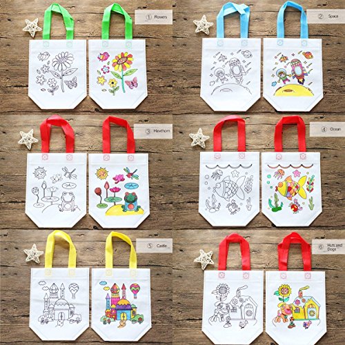 Bolsas para Colorear 12 Pcs (Diferentes Diseño) con 24 Pasteles de Aceite Ideal para regalos de cumpleaños comuniones colegios guarderías y celebraciones