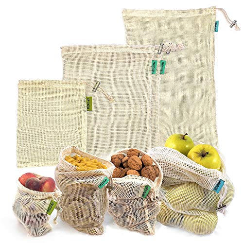 Bolsas reutilizables fruta. 4 bolsas reutilizables compra de malla de algodón para productos frescos. Lavables y transpirables para frutas, verduras, juguetes. Sin BPA, ecológicas y biodegradables.