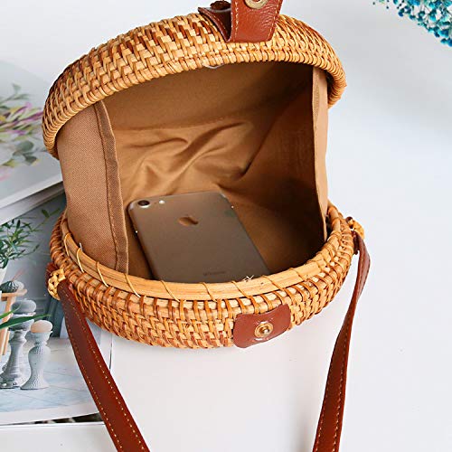 Bolso Bandolera Rafia,Bolso Bandolera de Redonda Bolsa Playa Viaje Hecho De Mano Bambú Redonda De Estilo Bolsos Paja Estilo Natural Playa Mujer Adecuado para Verano y Viajar (Estilo 6)