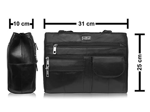 Bolso de Cuero para Mujer en Suave Cuero Negro - Bolso de Hombro con 2 Asas 8 Bolsillos 2 Secciones Principales Grandes con Cremallera - Bolsos de Mano de Mujer de Tamaño Medio - Quenchy London QL173