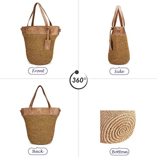 Bolso de Playa de Paja, JOSEKO Bolso de Punto para Mujer Bolso de Mimbre Bolso con manijas de Cuero Adecuado para Compras navideñas Compras Playas y Uso Diario Informal