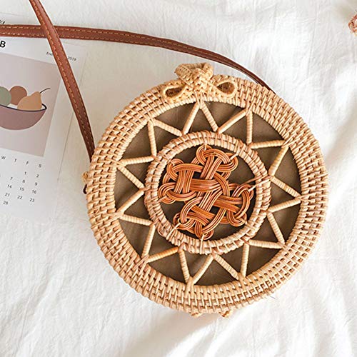 Bolsos Mujer Miyanuby, Bolso de Ratán Redondo Tejido a Mano con Las Correas de Cuero | Bolsa de Playa Bohemia | Bolso Viaje | Bolso Mimbre | Bolso Mensajero | Bolso Bandolera | El Regalo Hecho a Mano