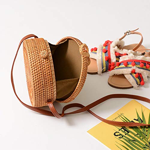 Bolsos Mujer Miyanuby, Bolso de Ratán Redondo Tejido a Mano con Las Correas de Cuero | Bolsa de Playa Bohemia | Bolso Viaje | Bolso Mimbre | Bolso Mensajero | Bolso Bandolera | El Regalo Hecho a Mano