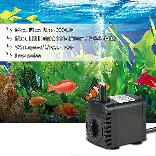 Bomba de Agua Sumergible,Decdeal 600L/H 8W Water Strider - con 2 Boquillas AC220-240V para Acuario Fuentes Estanque Sistemas Hidropónicos