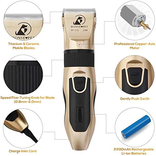 Bonve Pet Cortapelo para Perros y Gatos, Cortapelo para Perros Gatos Mascotas Profesional, Bajo Ruido Menos de 50db, Batería Recargable, con 11 Accesorios, Cargador, Base de Carga