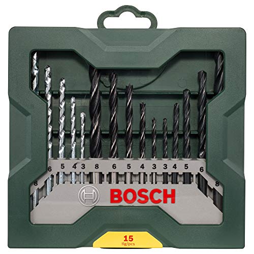 Bosch Mini X-Line - Set de 15 brocas mixto, para tareas de perforación en mampostería, madera y metal