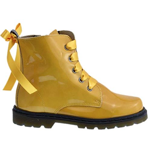 Bota Militar Piel Charol Mostaza con Cordones Color: Amarillo Talla: 35