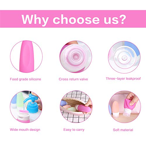 Bote Silicona 89ml / 60ml / 37ml 5Pcs, Contenedores de Líquidos de Viaje Vacíos Aprobado de Grado Alimenticio Botellas de Viaje de Silicona Portátiles a Prueba de Fugas, con 2Pcs 20ml Botella de Crema