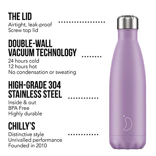Botella De Agua De Chilly's | Acero Inoxidable y Reutilizable | Prueba de Fugas, Libre de transpiración | Morado Pastel | 500ml