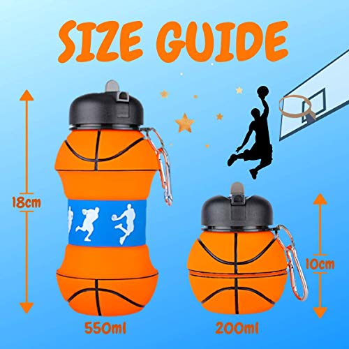 Botella de agua plegable de silicona para niños, regalo deportivo para niños, sin BPA, limpiador de pajitas, a prueba de fugas, duradera y respetuosa con el medio ambiente, 550 ml,Baloncesto.