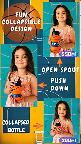 Botella de agua plegable de silicona para niños, regalo deportivo para niños, sin BPA, limpiador de pajitas, a prueba de fugas, duradera y respetuosa con el medio ambiente, 550 ml,Baloncesto.