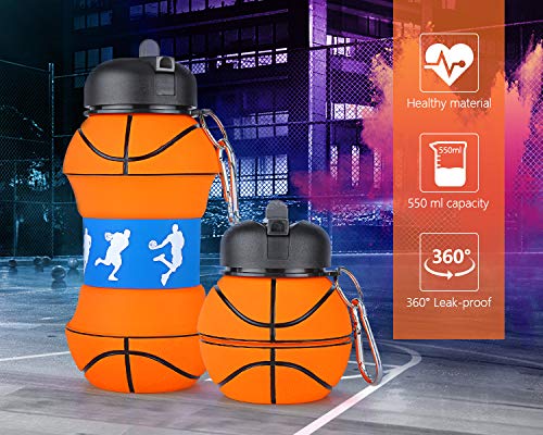 Botella de agua plegable de silicona para niños, regalo deportivo para niños, sin BPA, limpiador de pajitas, a prueba de fugas, duradera y respetuosa con el medio ambiente, 550 ml,Baloncesto.